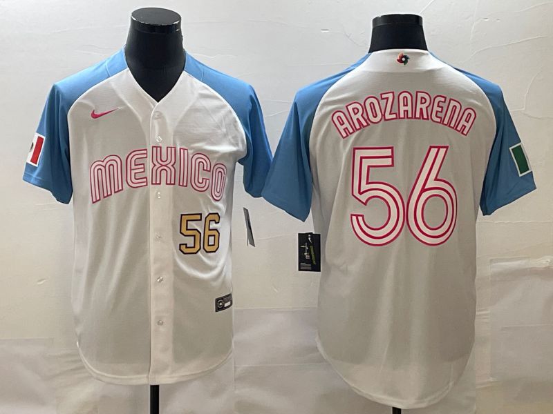 Men 2023 World Cub Mexico #56 Arozarena White blue Nike MLB Jersey14